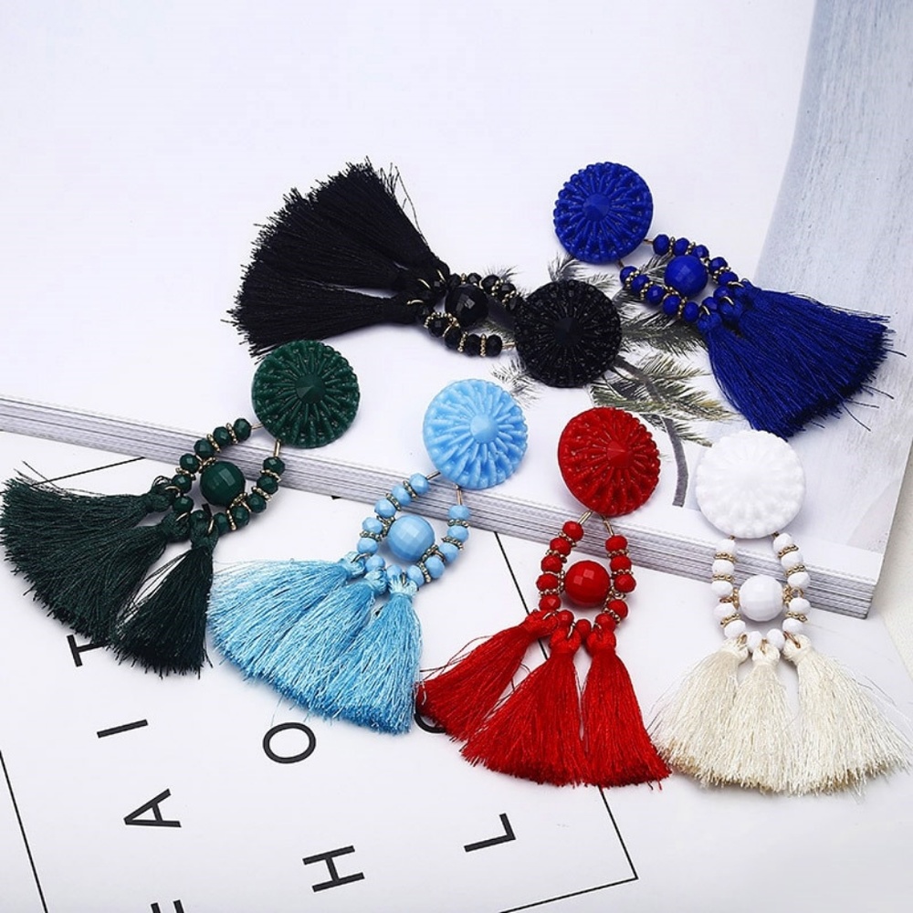 BE28 | Boho Blue Beaded Dangle Tassel Earrings - Picture 3 of 3